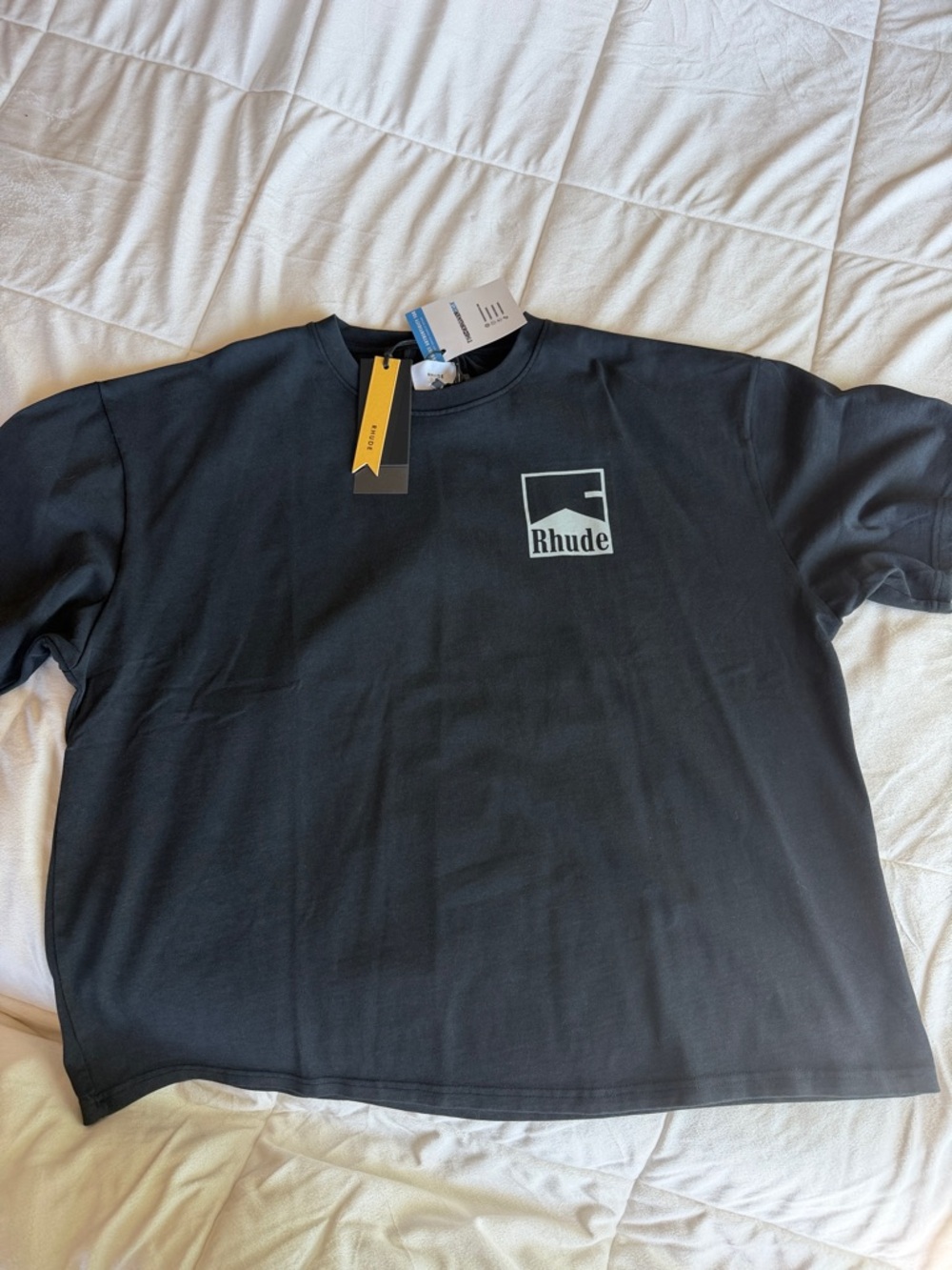Rhude Navy Blue oversized crop T-Shirt with White Box Logo